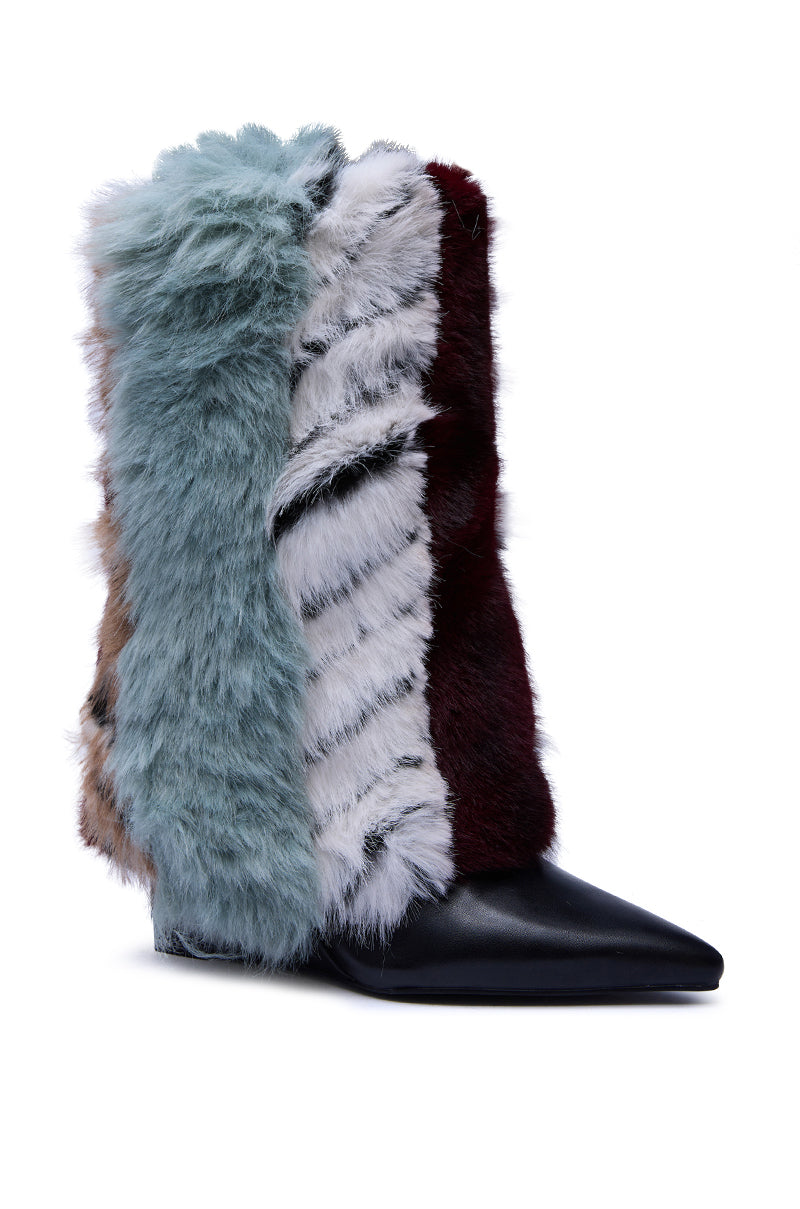 The AZALEA WANG BRIASH BLUE MULTI FUR HIDDEN WEDGE BOOTIE features a pointed toe and bold vertical strips of faux fur in blue, white, burgundy, and brown—a unique choice for standout style and faux fur boot lovers.