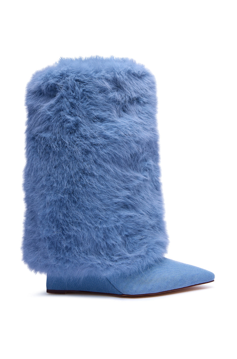 The AZALEA WANG BRIASH DENIM FUR HIDDEN WEDGE BOOTIE is a single pointed-toe bootie with bright blue faux fur and a hidden wedge, shown against a white background.