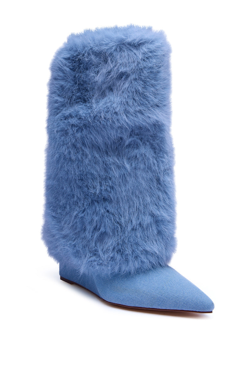 The AZALEA WANG BRIASH DENIM FUR HIDDEN WEDGE BOOTIE features fluffy blue faux fur, a pointed toe, and a flat sole, shown against a white background.