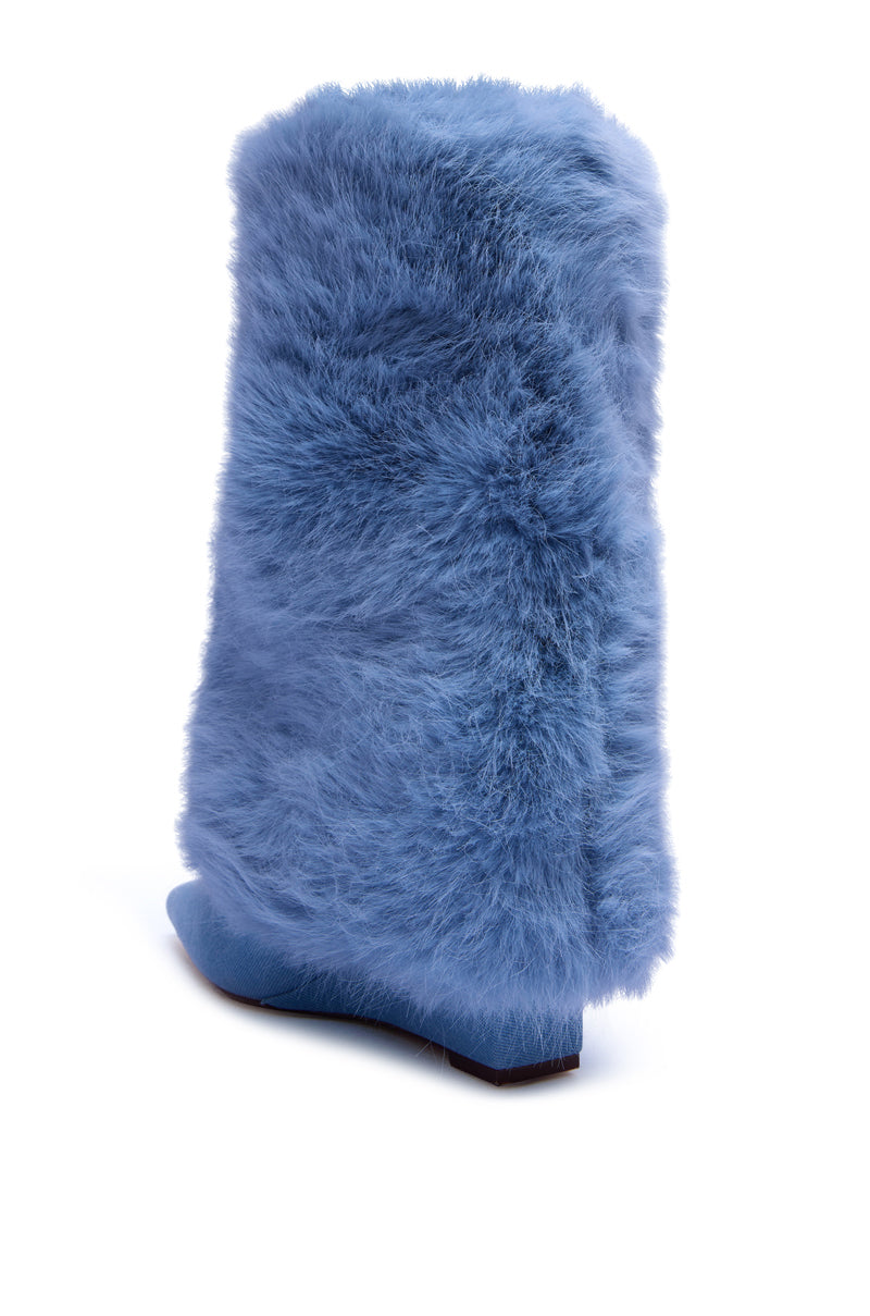 The AZALEA WANG BRIASH DENIM FUR HIDDEN WEDGE BOOTIE is shown from the rear, featuring blue faux fur and denim with a concealed wedge heel, set against a white background.