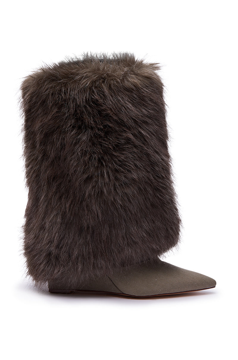 The AZALEA WANG BRIASH OLIVE WEDGE FUR BOOTIE features a pointed toe, thick dark brown faux fur around the shaft and ankle, and a smooth dark material on the foot and toe, displayed against a white background.