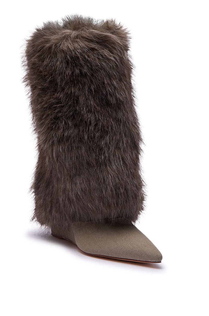 The AZALEA WANG BRIASH OLIVE WEDGE FUR BOOTIE features a pointed toe, thick dark brown faux fur shaft, and olive green fabric around the foot—making it a stylish choice for winter.