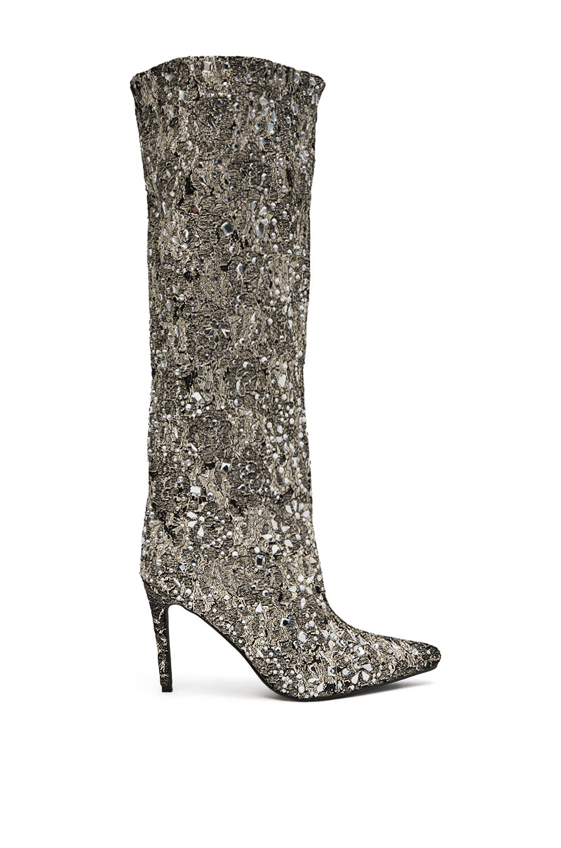 The AZALEA WANG BRIELEY Gold and Black Floral Brocade Knee High Boot features a striking stiletto heel. 3