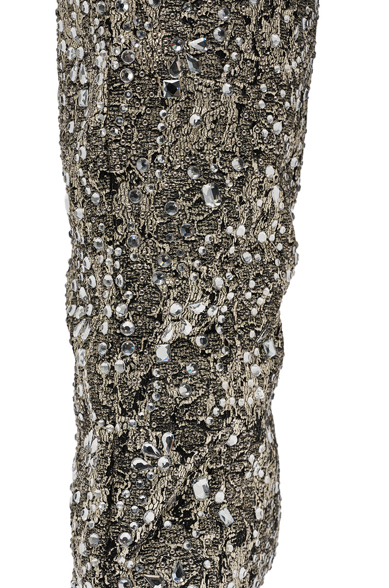 Close-up of AZALEA WANG BRIELEY GOLD AND BLACK FLORAL BROCADE KNEE HIGH BOOT featuring textured fabric embroidered with metallic threads, silver beads, and reflective gems in a dazzling floral pattern—ideal for standout style. 6