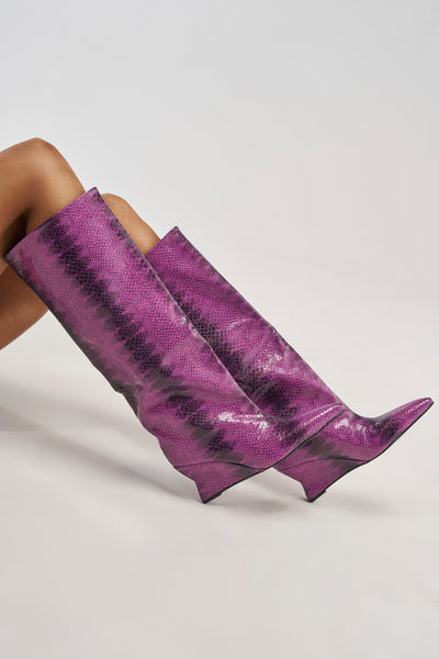 Purple Snake Wedge Knee-High Boot | AKIRA