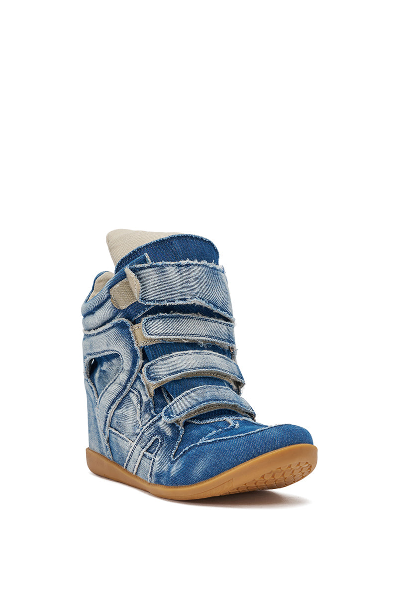 The AZALEA WANG BRYANT DENIM WEDGE SNEAKER features a high-top blue distressed denim upper, tan rubber sole, and three Velcro straps—perfect for streetwear style. Displayed against a plain white background. 4