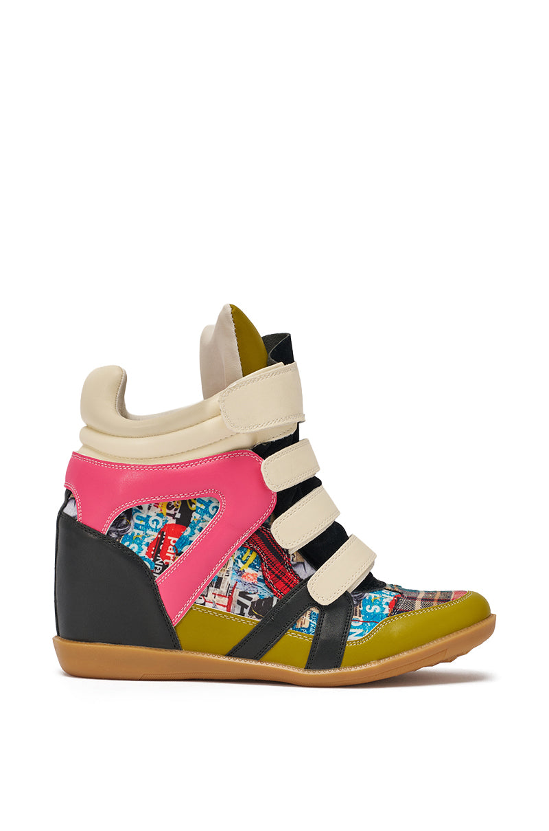 The AZALEA WANG BRYANT MULTI WEDGE SNEAKER features beige straps, a pink heel, olive green toe, black accents, and colorful graphic fabric panels—perfect for street style and shown on a white background. 6
