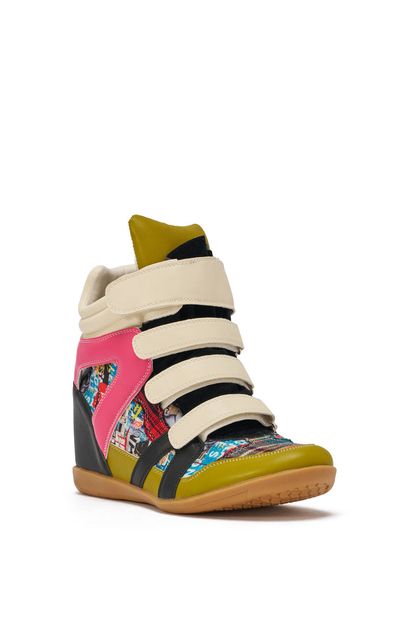 The AZALEA WANG BRYANT MULTI WEDGE SNEAKER is a bold high-top with beige velcro straps, pink sides, black accents, multicolor patterns on the toe, and a tan sole—delivering vibrant street style in an eclectic hidden wedge design. 7