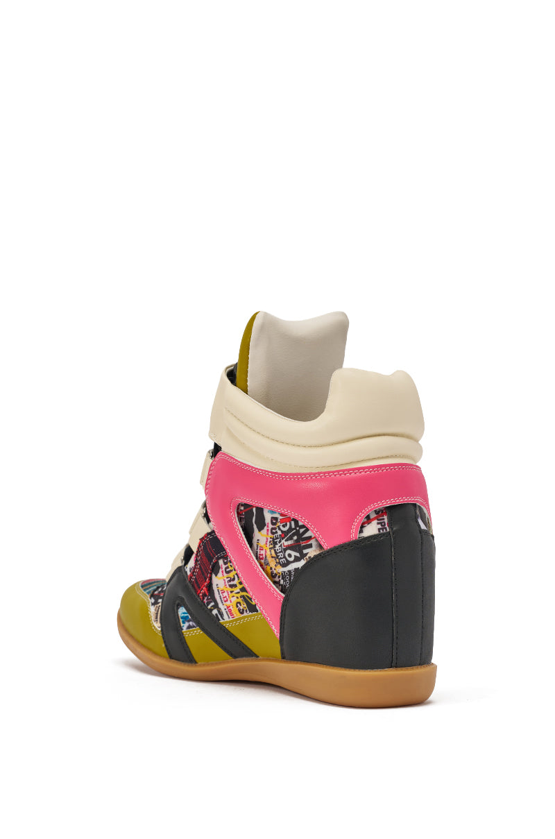 The AZALEA WANG BRYANT MULTI WEDGE SNEAKER is a rear-view high-top with pink, yellow, black, white, and blue panels, patterned fabric, a beige padded collar, and a light brown rubber sole for a bold fashion statement. 8