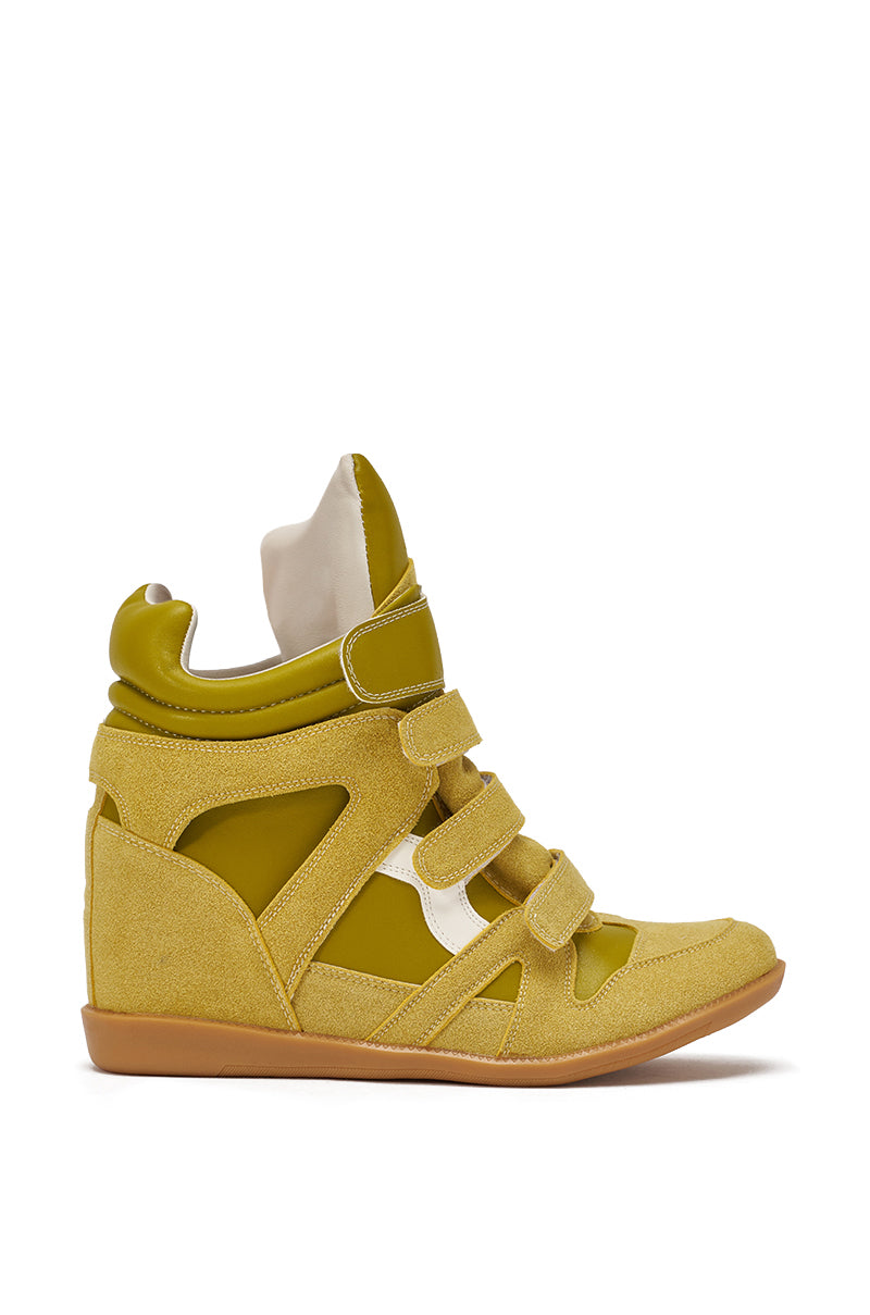 The AZALEA WANG BRYANT OLIVE WEDGE SNEAKER features suede high-tops in olive with leather panels, three velcro straps, a white side accent, and a light brown rubber sole—stylishly displayed on a white background. 3