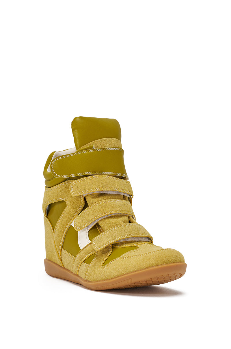 The AZALEA WANG BRYANT OLIVE WEDGE SNEAKER is a single high-top hidden wedge sneaker in olive, featuring suede and faux leather panels, three Velcro straps, a padded tongue, and a light brown rubber sole on a white background. 4