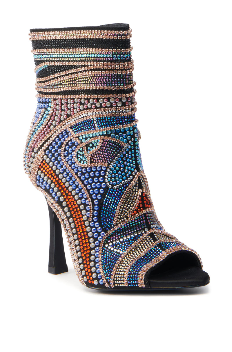 The AZALEA WANG BYRE Black Embellished Rhinestone Open Toe Bootie features intricate beadwork and colorful geometric patterns in blue, pink, and orange. Made of suede, this bootie dazzles with a sleek stiletto heel that adds elegance to any ensemble.