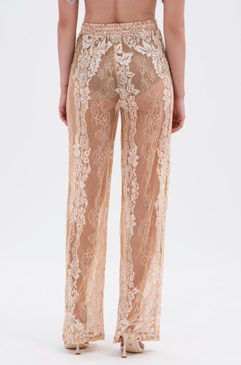 A person stands facing away in the RESORT VIBES WIDE LEG PALAZZO PANT—sheer, high-waisted floral lace with a delicate pattern—revealing nude underwear and paired with nude heels, ideal for resort style. 3