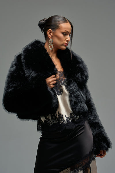 ジャケット・アウター ella selectshop drop hem bolero (black) Cropped Faux Fur Bolero Jacket in Black | AKIRA