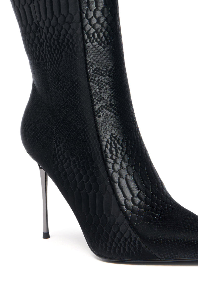 Close-up of the AZALEA WANG CALEAN BLACK METAL STILETTO HEEL BOOTIE featuring a pointed toe, shiny snakeskin texture, and thin high heel, displayed against a plain white background.