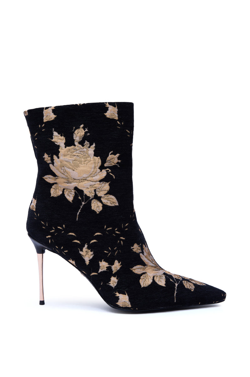 The AZALEA WANG CALEAN BLACK MULTI BROCADE STILETTO BOOTIE features a black pointed toe, slim high heel, and elegant gold floral embroidery for a stunning brocade look. 3