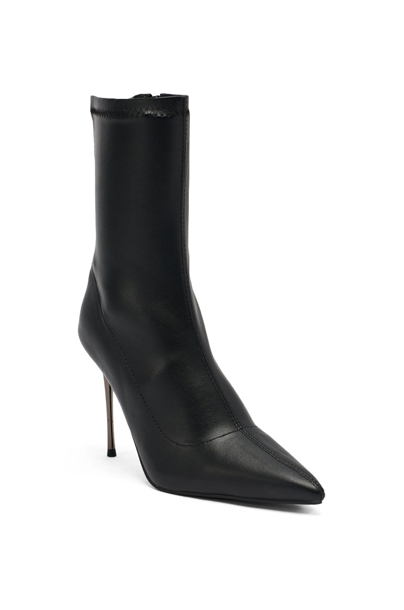 The AZALEA WANG CALEANA Black Metal Heel Stretch PU Bootie features a pointed toe, sleek fitted stretch PU finish, and striking stiletto metal heel for an elegant look.