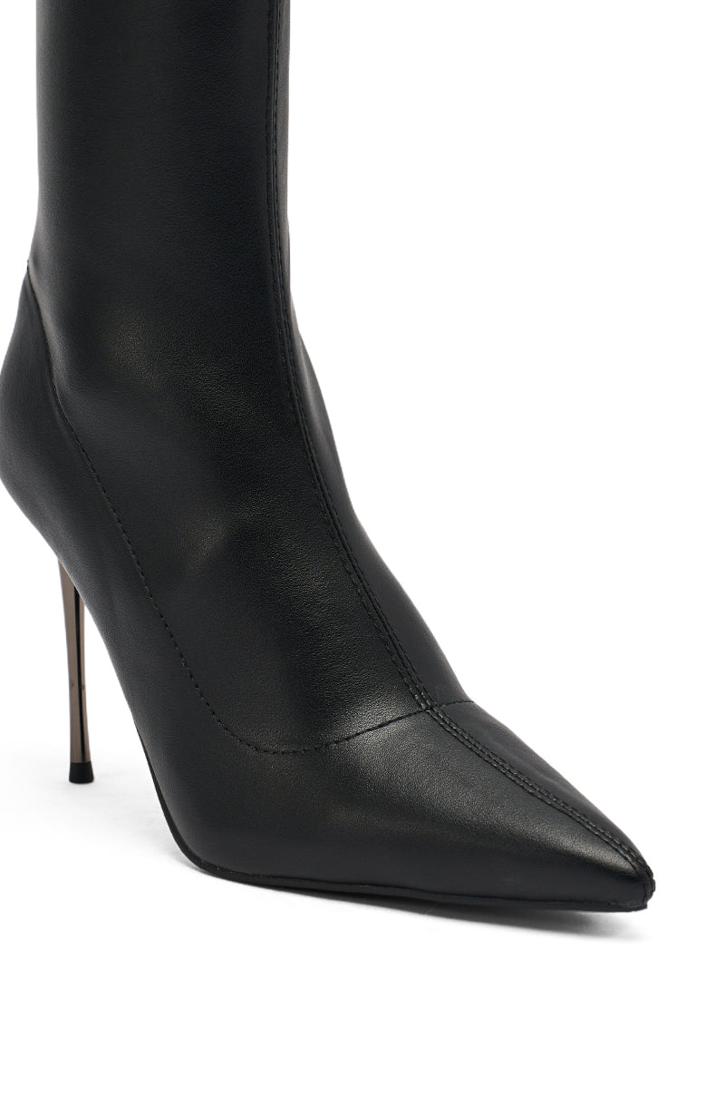 Close-up of the AZALEA WANG CALEANA Black Metal Heel Stretch PU Bootie, featuring a pointed toe and a sleek stiletto heel.