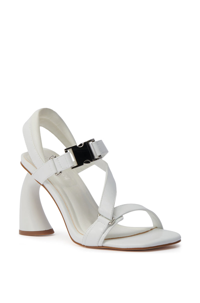 The AZALEA WANG CAPRIZE WHITE INDUSTRIAL BUCKLE SANDAL showcases a modern curved block heel, two slim faux leather straps, an open square toe, and a metallic buckle closure on the upper strap.