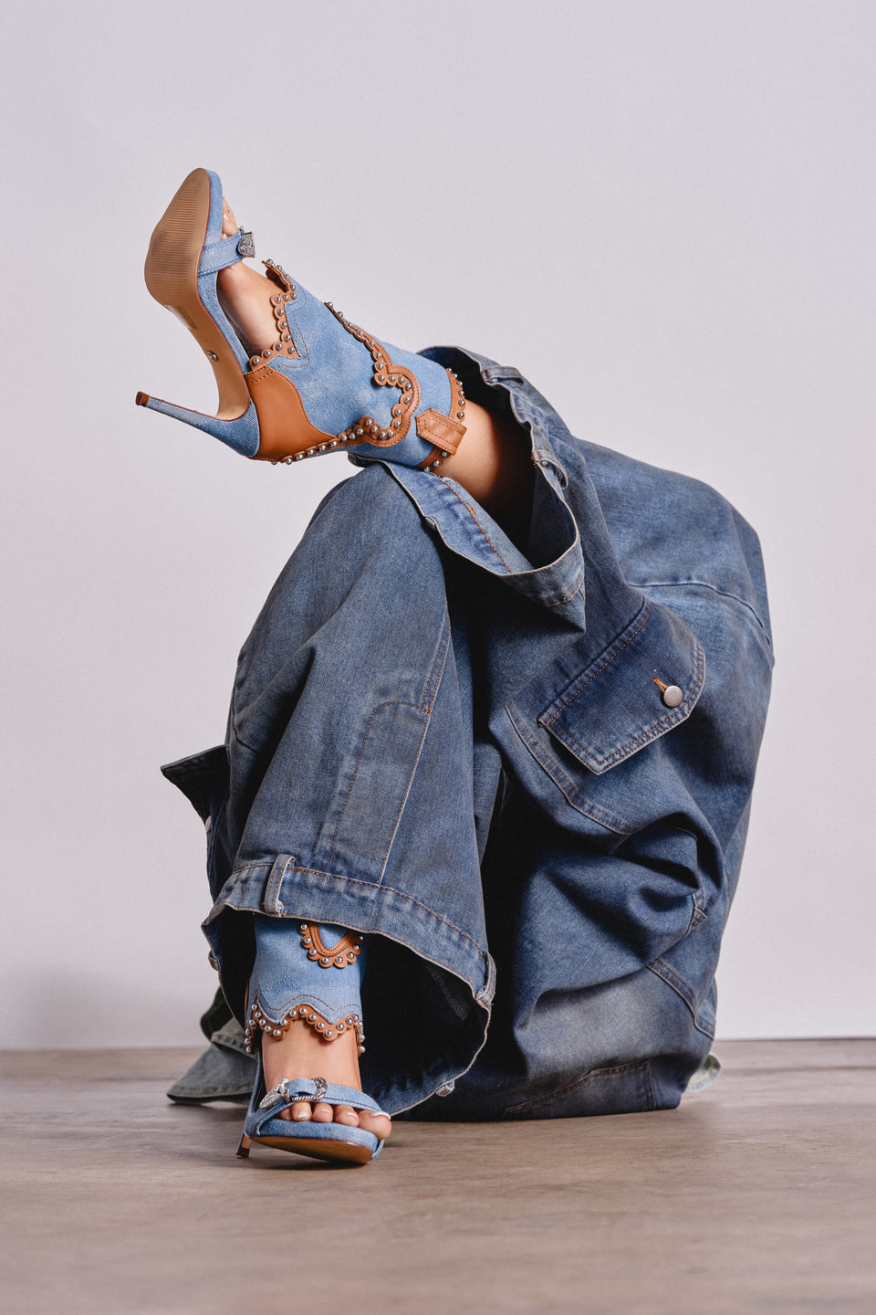 AZALEA WANG CAPRIZIA DENIM WESTERN NOVELTY STUDDED STILETTO SANDAL – AKIRA