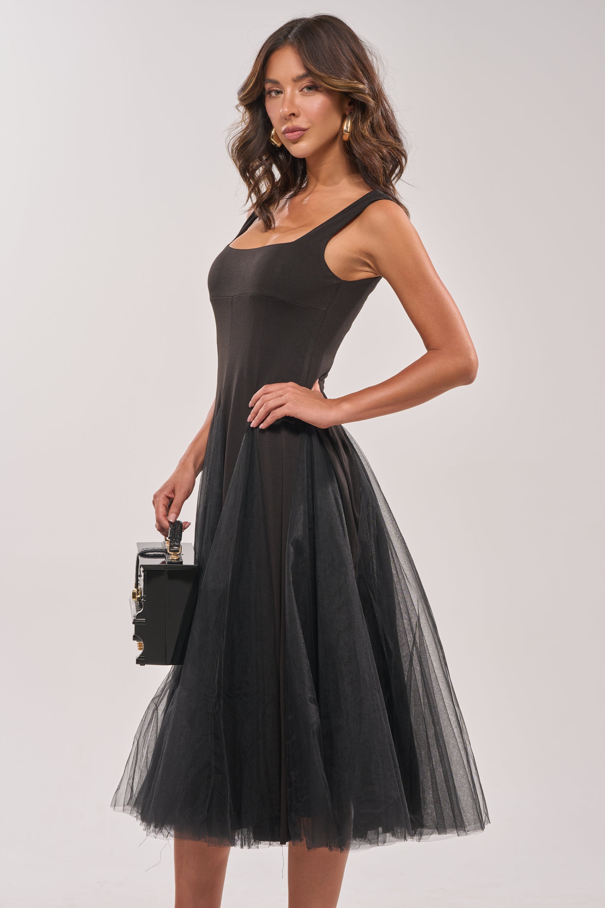 AKIRA Know Your Worth Tulle Midi Dress | Black