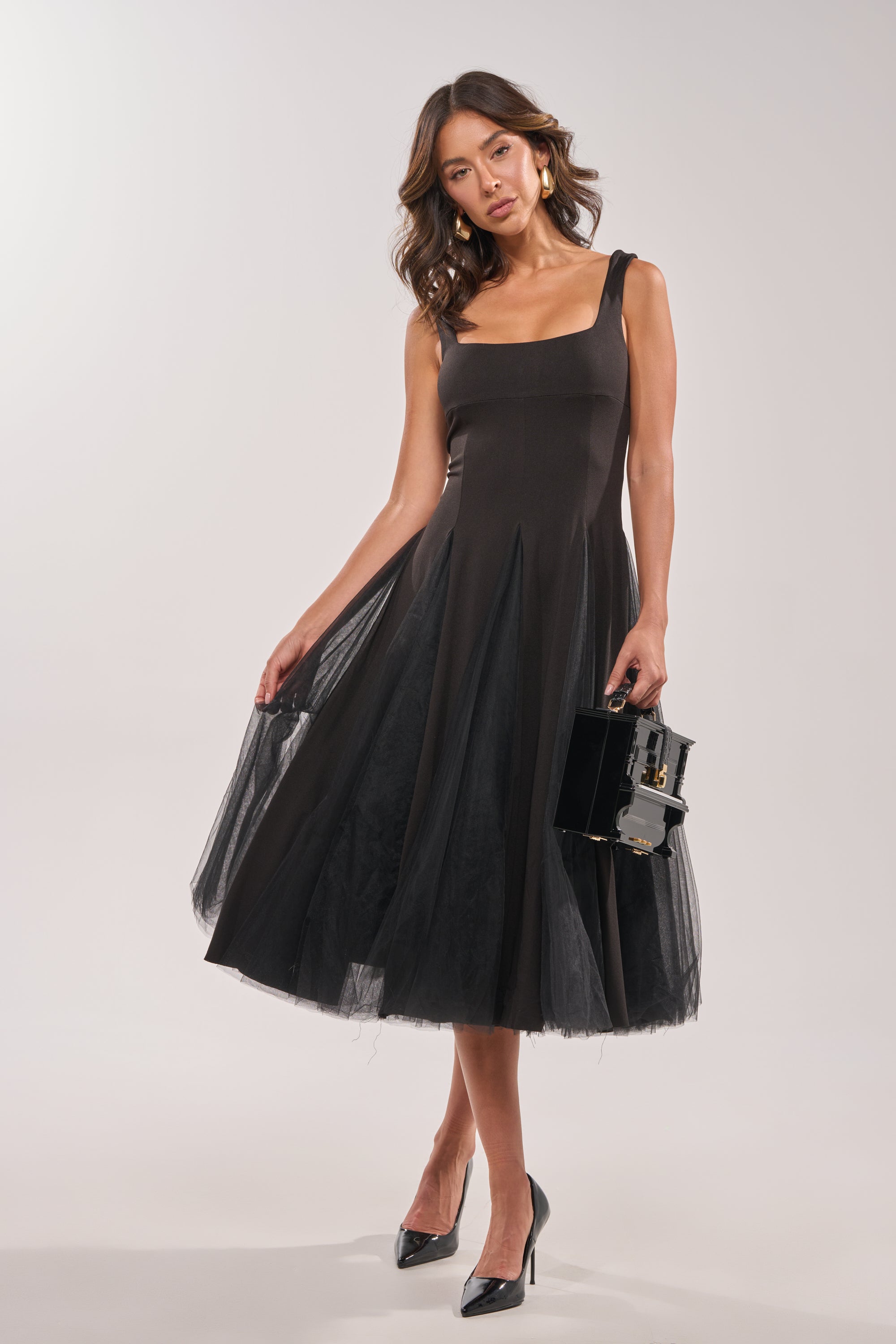AKIRA Know Your Worth Tulle Midi Dress | Black