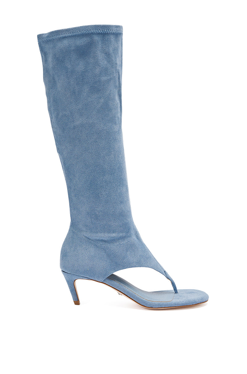 The AZALEA WANG CECILE LIGHT BLUE FAUX SUEDE SANDAL is a knee-high, powder blue sandal with a thong design, open toe, and low heel. 2
