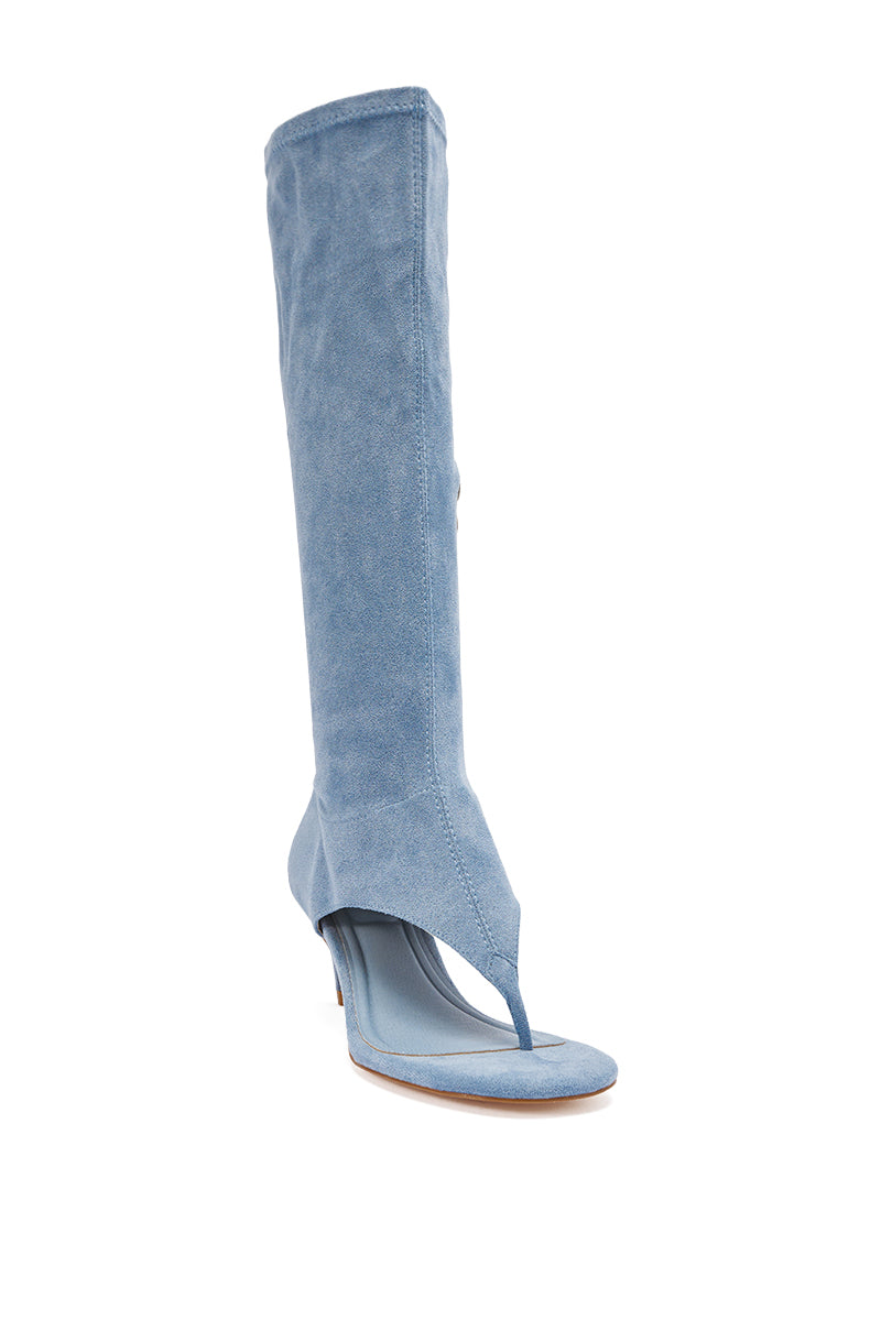 The AZALEA WANG CECILE LIGHT BLUE FAUX SUEDE SANDAL is a knee-high, open-toe sandal featuring a thong heel design and low heel. 3