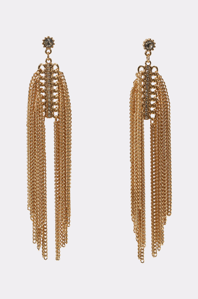 The SHAKE IT EARRING is a pair of long, gold-tone drop earrings with a floral stud and multiple cascading chains of varying lengths for a bold fringe look. 2