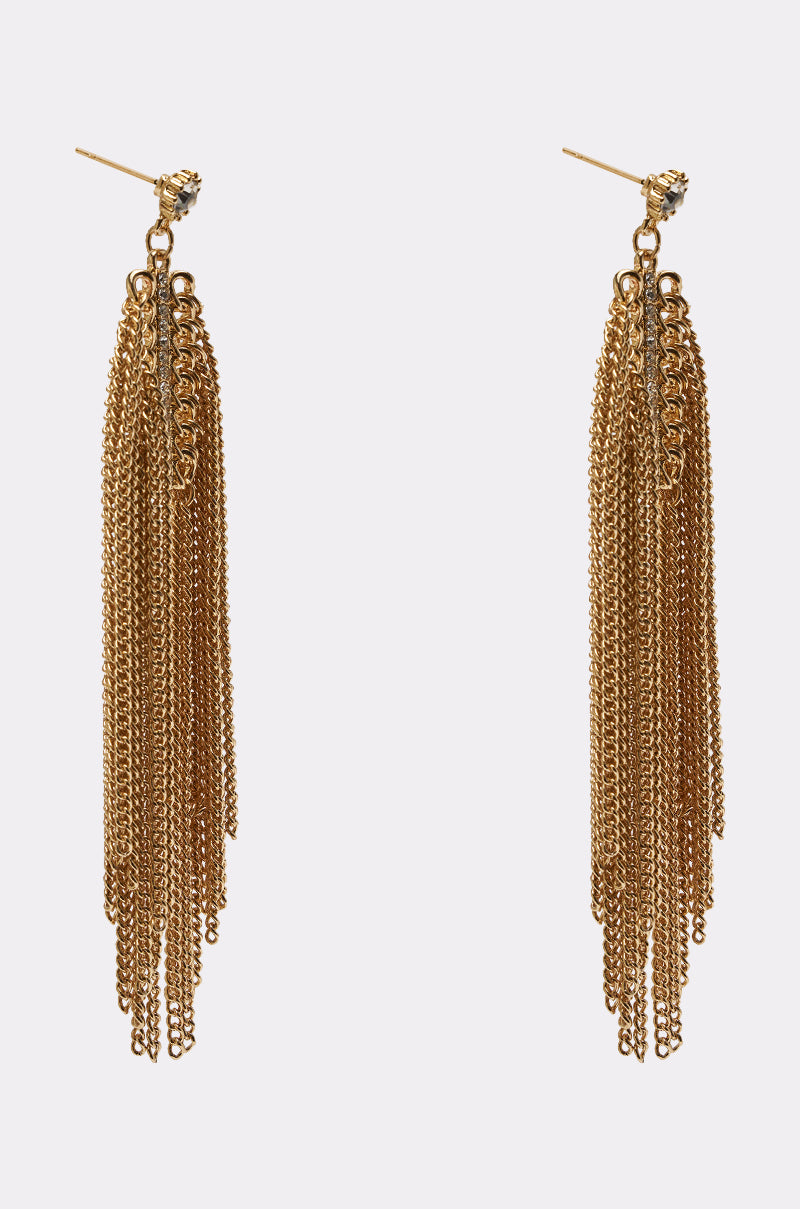 The SHAKE IT EARRING features gold-tone cascading chain fringe on stud posts, creating a stunning effect against a plain light background. 3