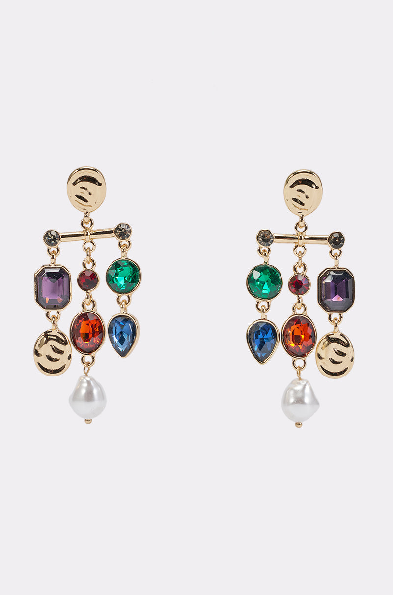 Introducing the MAXIMALIST MUSE CHARM DROP EARRINGS — bold gold statement earrings adorned with multicolored gemstones in round, teardrop, and square shapes. Small faux pearls dangle gracefully at the bottom, while playful cutout details on circular gold pieces add a charming and colorful touch to any ensemble.