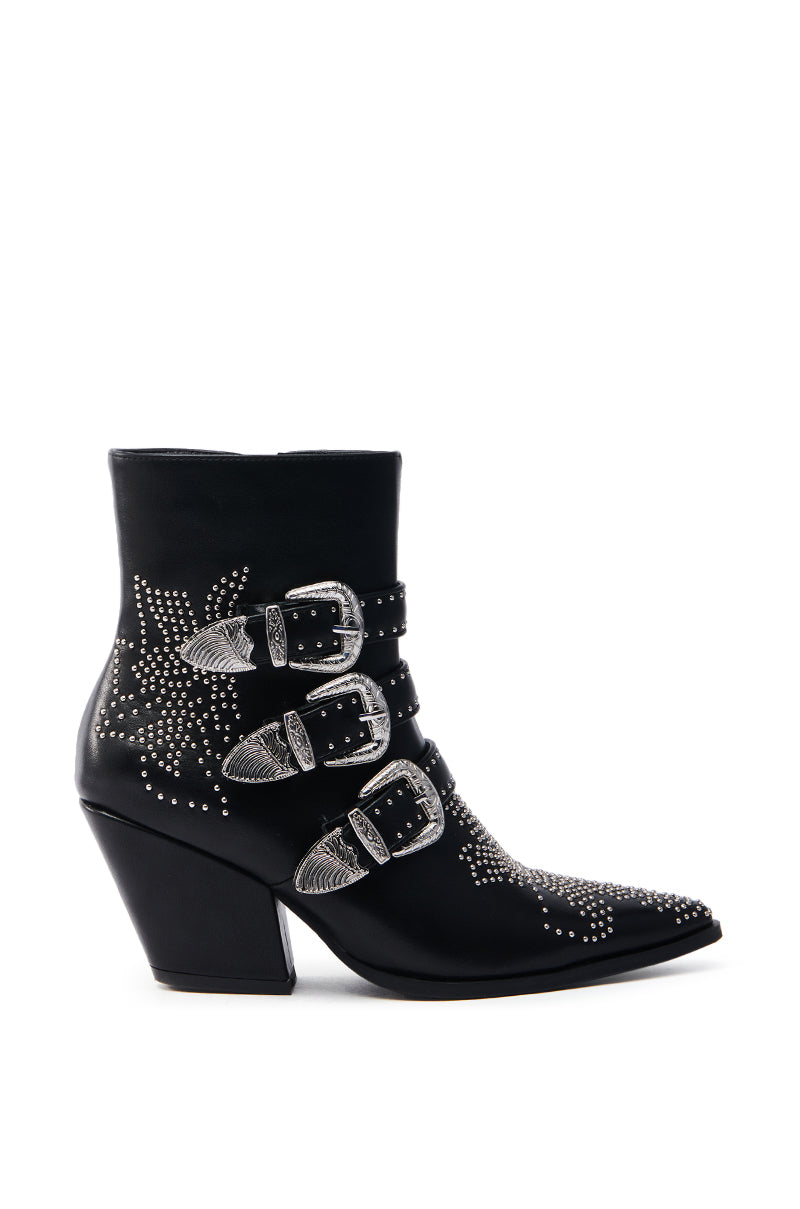Explore the AZALEA WANG CELENA BLACK WESTERN BOOTIE: a vegan leather ankle boot featuring a pointed toe, chunky heel, three metallic silver buckles, and star-shaped studded accents.