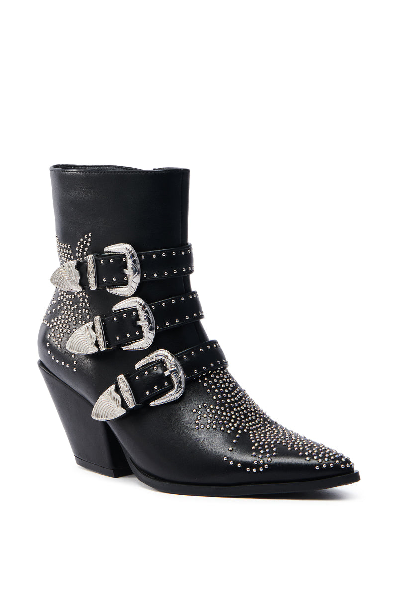 The AZALEA WANG CELENA BLACK WESTERN BOOTIE has a pointed toe, chunky heel, three metallic buckles, and detailed silver studs on the upper.
