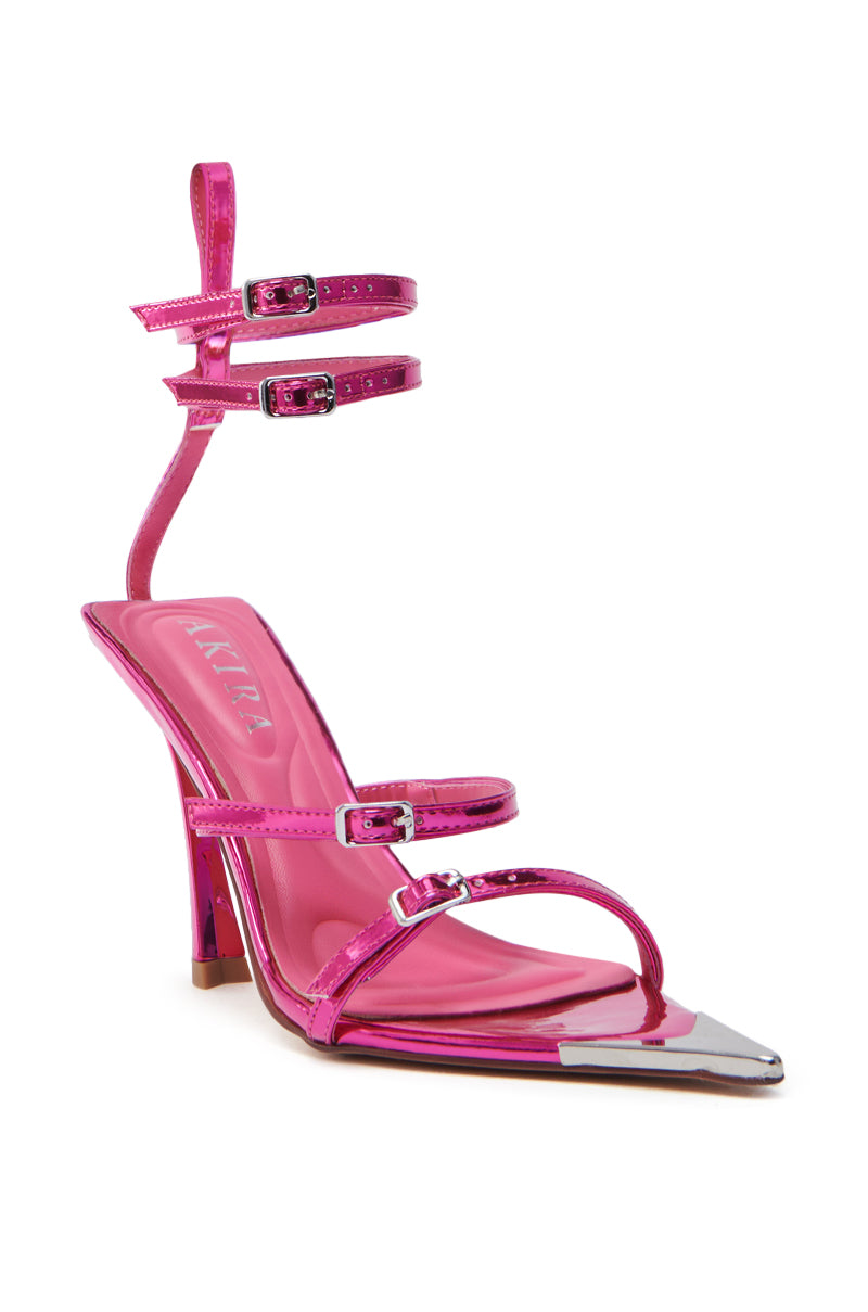 The AZALEA WANG CELESIA FUCHSIA STILETTO SANDAL features vibrant pink faux leather with multiple straps, including ankle ones, a striking pointed metallic toe, open-toe silhouette, slim heel, and glossy finish for added allure.