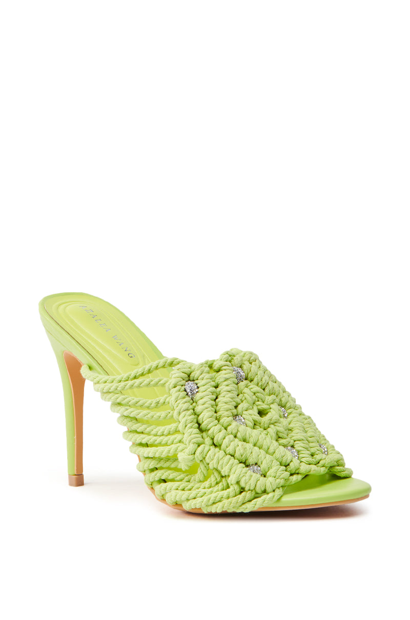 The AZALEA WANG CERES LIME ROPE WITH RHINESTONE BEADS SANDAL is a lime green high-heeled shoe with a woven rope design, rhinestone beads, an open toe, and a slim stiletto heel.