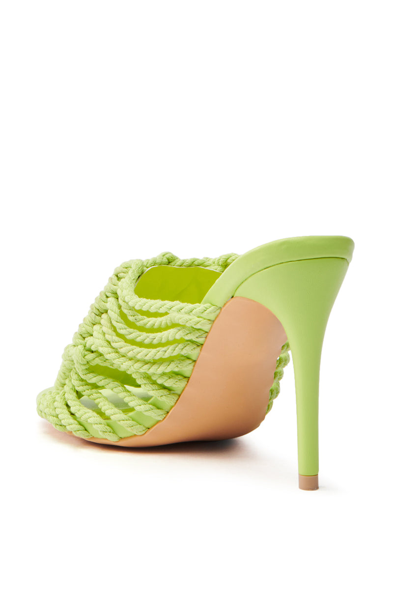 The AZALEA WANG CERES LIME ROPE WITH RHINESTONE BEADS SANDAL, showcasing a pointed stiletto heel, features an elegant braided rope design with rhinestone beads for a modern and eye-catching look.