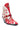 The AZALEA WANG CHANNY MULTI BOOTIE GRAPHIC WESTERN WITH STUDS is a bold red and white faux leather cowboy bootie featuring gold and red star, flame, and lightning bolt designs, a gold buckle, metallic heel spikes, and vibrant multicolored details.