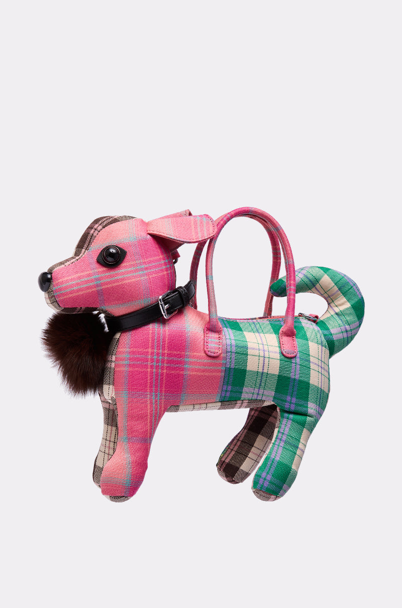 The MIMI DOG PURSE is a novelty chihuahua-shaped bag crafted from pink, green, and beige plaid fabric with a faux fur neck patch, black collar, and two back handles.