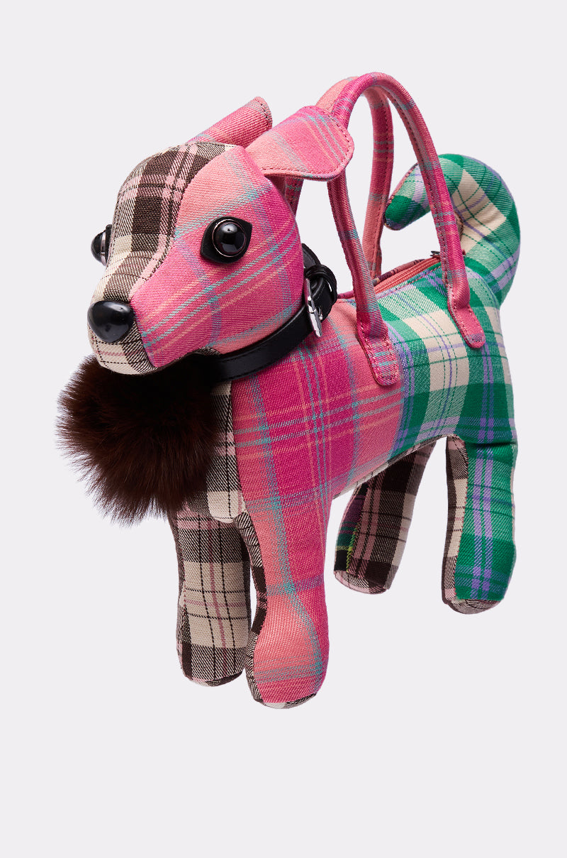 The MIMI DOG PURSE is a chihuahua-shaped novelty bag made of multicolored pink, green, brown, and beige plaid fabric, with button eyes, pointy ears, a black collar, and back handles for a fun dog purse style.
