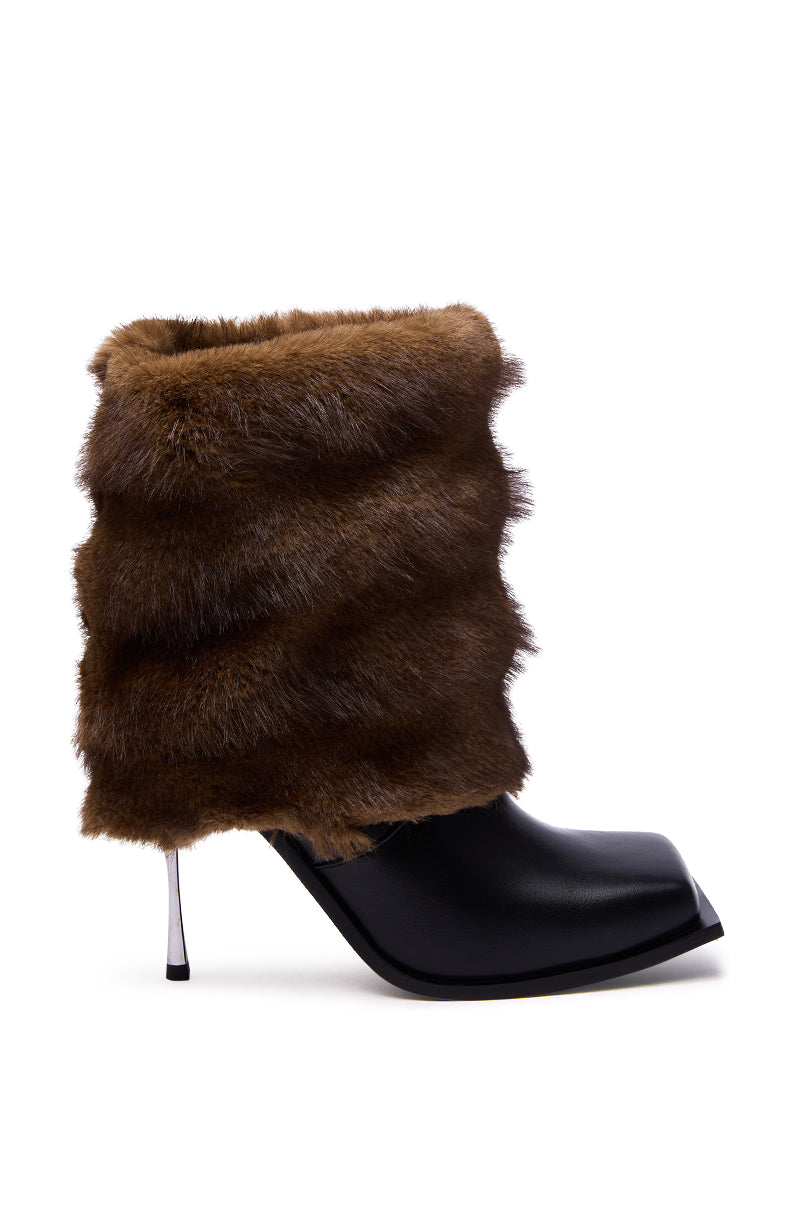 The AZALEA WANG CHINMAYI BROWN FUR CUFF SQUARE TOE STILETTO BOOTIE features a black square toe, metallic high heel, and a tall cuff wrapped in shaggy brown faux fur for bold, modern style.