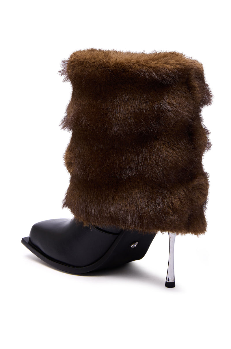 The AZALEA WANG CHINMAYI BROWN FUR CUFF SQUARE TOE STILETTO BOOTIE features a black faux leather square toe, tall textured brown faux fur shaft, and a shiny metallic stiletto heel, displayed on a white background.