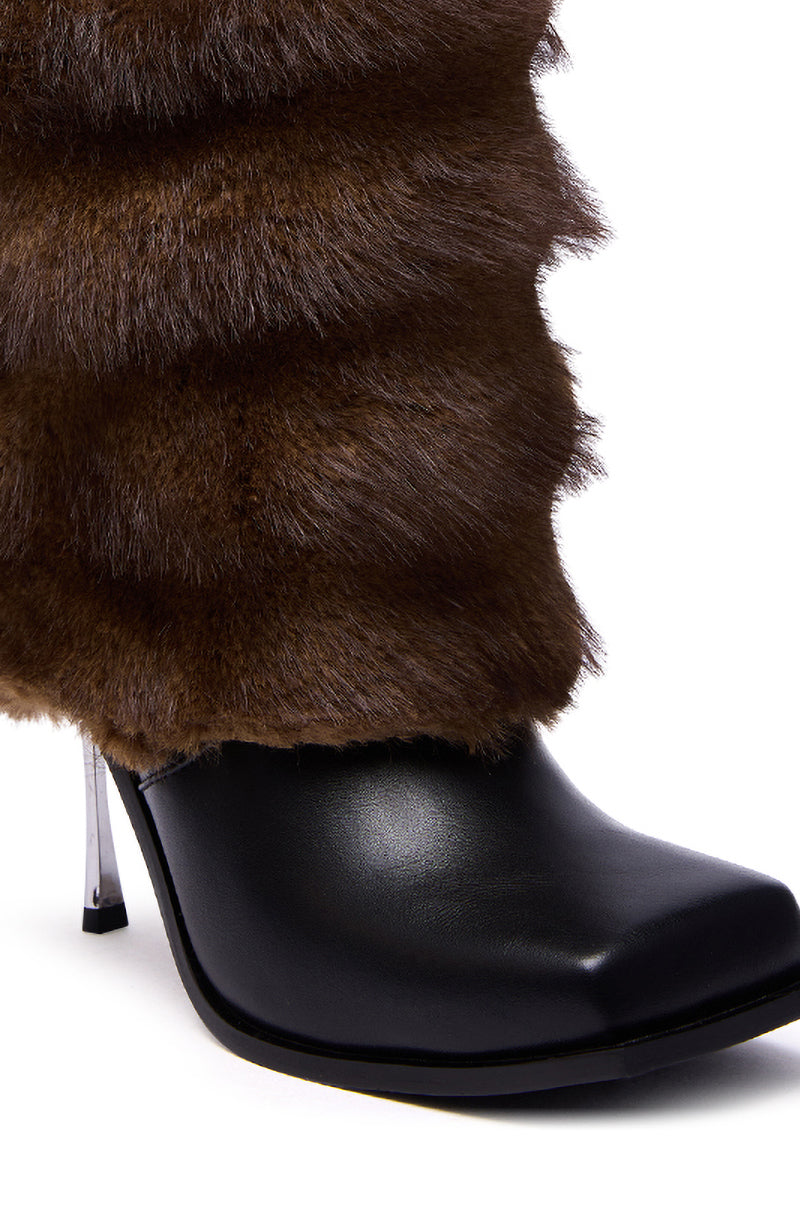 The AZALEA WANG CHINMAYI Brown Fur Cuff Square Toe Stiletto Bootie features a black faux leather pointed toe, thick dark brown fur cuff shaft, and a slim silver stiletto heel for a bold, stylish look.