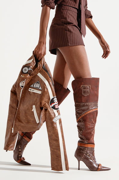 靴  BOOTS AZALEA WANG CHOCOCAT BROWN MULTI FAUX LEATHER EMBELLISHED