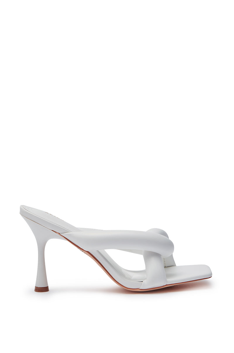 The AKIRA CHRISTABEL NEW WHITE PUFF STILETTO SANDAL features a puffy strap, square toe, and open back in faux leather, shown in profile against a plain white background. 5