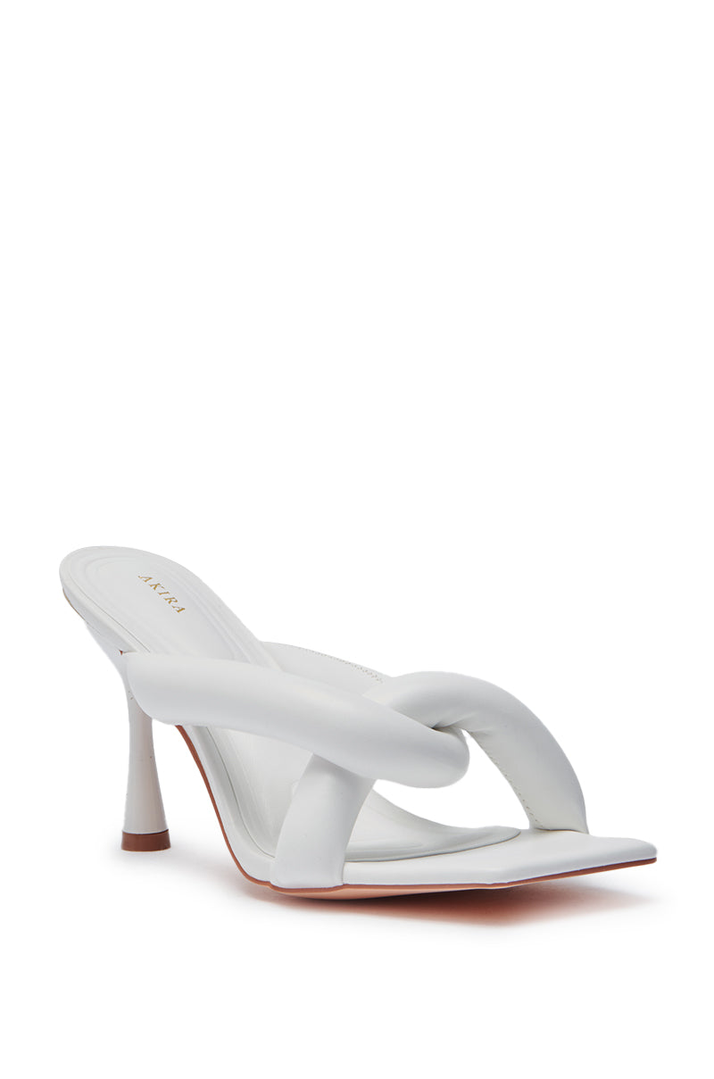 Step out in style with the AKIRA CHRISTABEL NEW WHITE PUFF STILETO SANDAL, crafted from faux leather with an oversized chain-link strap, open toe, and mid-height heel—ideal for fans of standout heeled sandals. 6