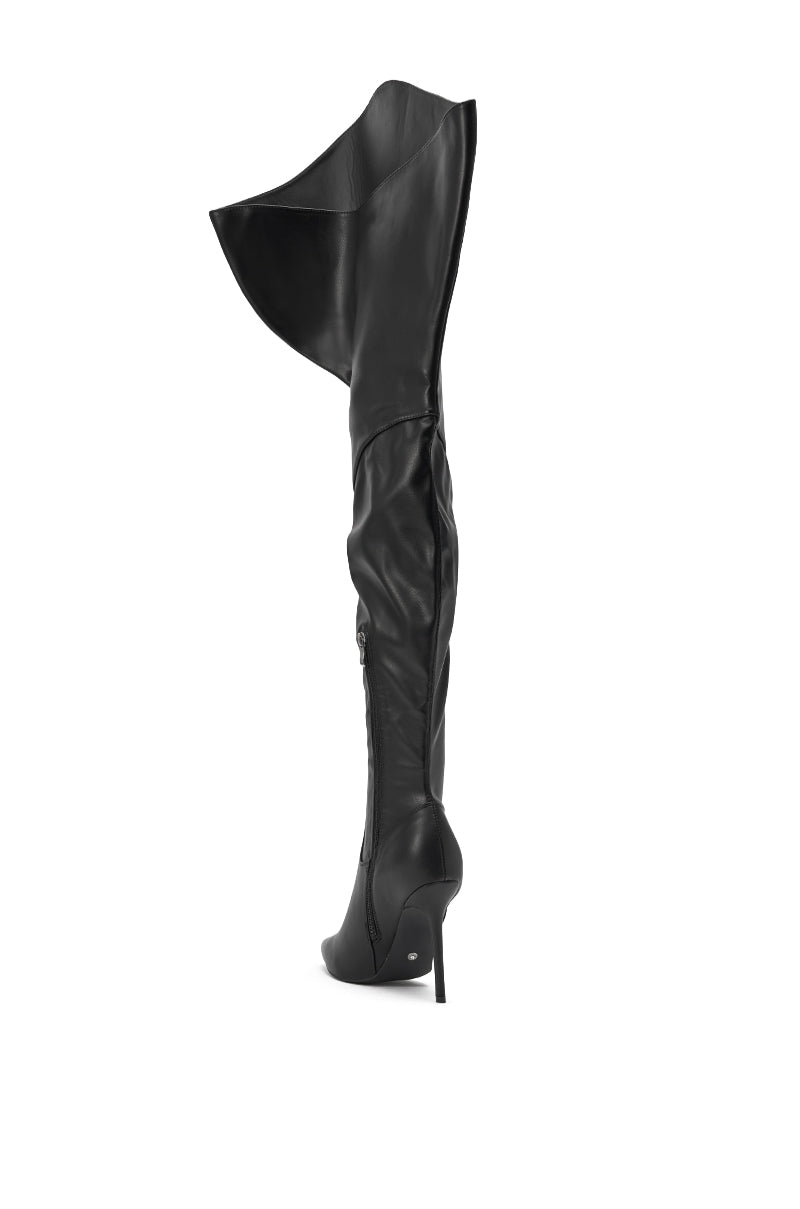 The AKIRA GOLD CHROMEA BLACK THIGH HIGH STILETTO BOOT, crafted from shiny black leather, stands upright on a white background. It features a sleek pointed toe, high thin heel, and an elegant over-the-knee silhouette. 4