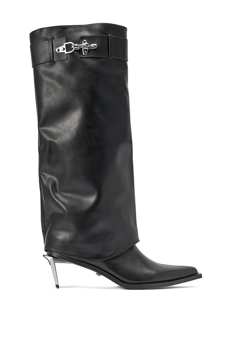 The AZALEA WANG CHRONO BLACK METAL HEEL BOOT is a black faux leather knee-high boot featuring a pointed toe, thin silver kitten heel, and a decorative silver buckle strap at the top of the shaft. 4