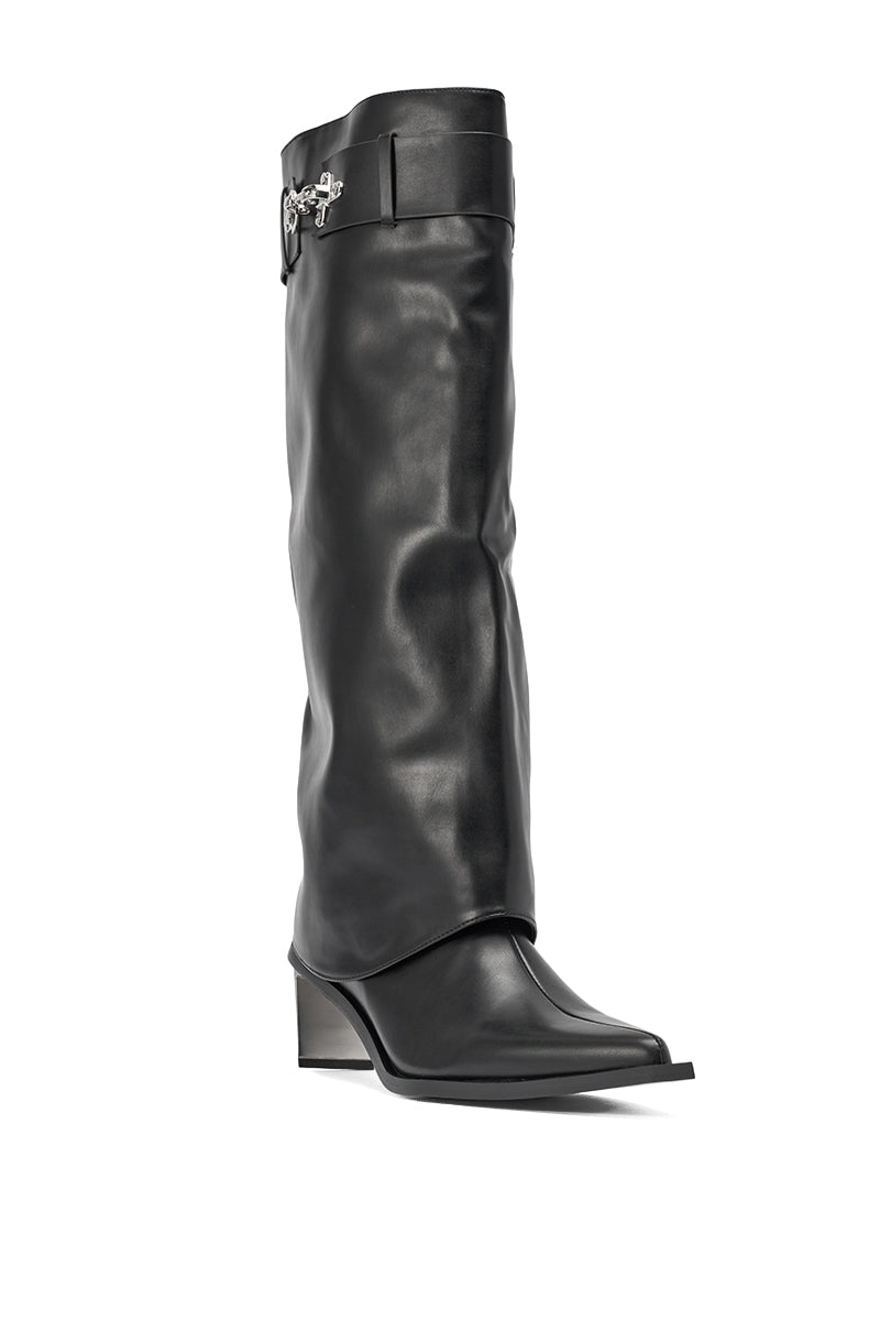 The AZALEA WANG CHRONO BLACK METAL HEEL BOOT is a tall black faux leather knee-high boot featuring a slouched shaft, pointed toe, wedge heel, and a decorative silver buckle near the top. 5