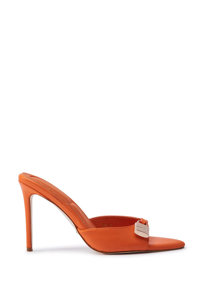 The AZALEA WANG CHUG ORANGE SANDAL features a pointed toe, faux leather design with a small front buckle, and a slim high stiletto heel for added height and chic style.