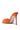 The AZALEA WANG CHUG ORANGE SANDAL features a peep-toe design viewed from the back, with a slim stiletto heel crafted in faux leather. The light-colored sole includes a small metallic detail near the heel.